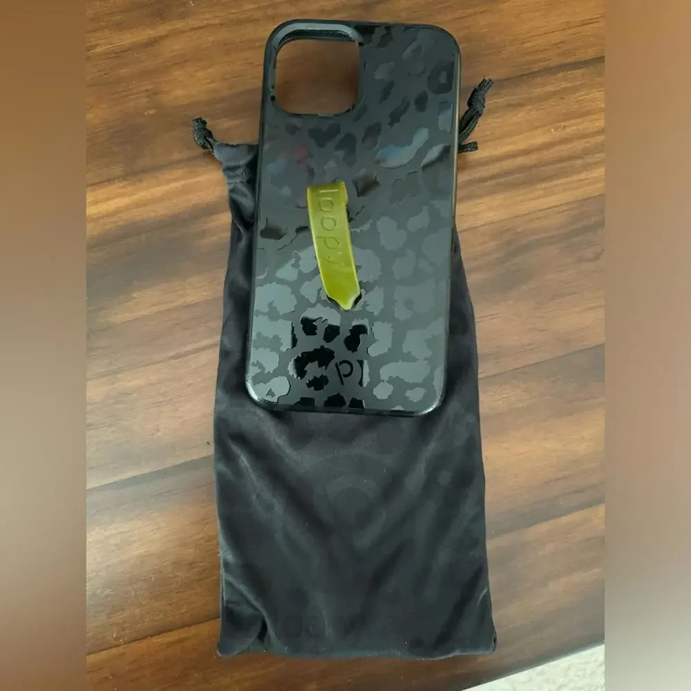 Loopy iPhone 12pro Case Black Leopard Print with Olive‎ Green Loop and Pouch